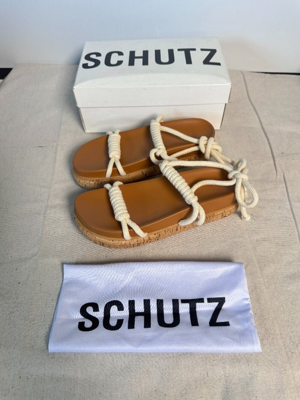 NIB Women's 9.5 Schutz Nagie Cru Ivory Flat Wedge Cork Heel Tie Up Rope Sandals